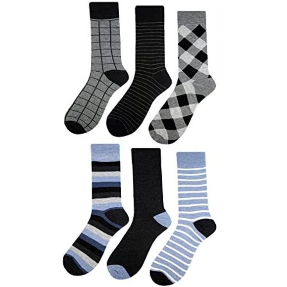 Mens Argyle & Striped Print 6-Pack Blue Black Gray Crew Socks - Picture 3 of 5